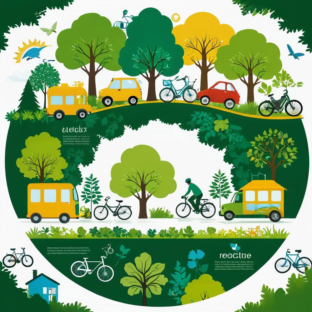 A vibrant circular economy concept featuring a lush, green cityscape where buildings are constructed from recycled materials, surrounded by flourishing trees and eco-friendly transportation options like bikes and electric cars. Include infographics illustrating practical tips such as upcycling, reducing waste, and sustainable practices. A diverse group of people happily engaging in eco-conscious activities like gardening, swapping goods, and recycling. bright colors. eco-friendly style. white background.