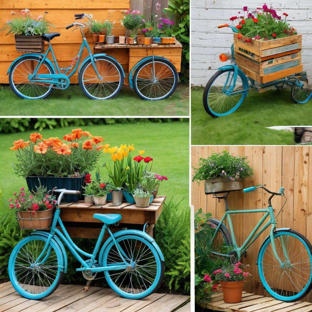 An imaginative collage showcasing various repurposed items turned into creative home decor, such as a bicycle converted into a planter, glass jars as colorful lamps, and wooden pallets transformed into furniture. The background features a lush garden representing sustainability, with greenery and flowers thriving around these unique creations. The overall vibe is cheerful and innovative, emphasizing the beauty of upcycling. vibrant colors. super-realistic.