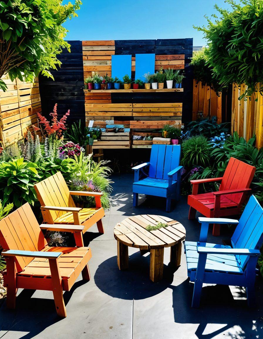 A vibrant, sustainable landscape showcasing various upcycled products like furniture made from pallets and garden art from recycled materials. Include diverse people engaged in creative recycling activities, surrounded by greenery and a blue sky. Emphasize a sense of community and innovation in sustainability. super-realistic. vibrant colors. nature background.